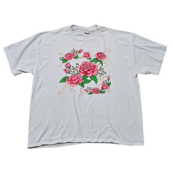 Vintage 90's Pink Rose Flower Nature Art Short Sleeve Tee Shirt T-Shirt - Picture 1 of 10